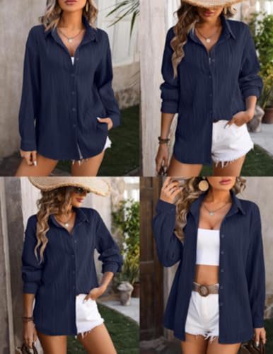 Neweek Women Casual Long Sleeve Button Up Shirt Lightweight Button Down Shirt Collared Blouses Summer Loose Beach Tops Navy - Image 5