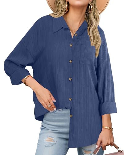 Neweek Women Casual Long Sleeve Button Up Shirt Lightweight Button Down Shirt Collared Blouses Summer Loose Beach Tops Navy - Image 1