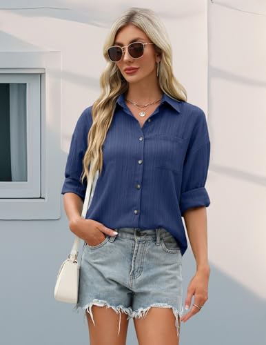 Neweek Women Casual Long Sleeve Button Up Shirt Lightweight Button Down Shirt Collared Blouses Summer Loose Beach Tops Navy - Image 4