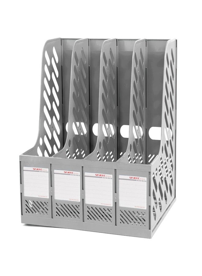 SAYEEC Magazine File Holder, Plastic Desktop File Folder Organizer with 4 Large Compartments, Vertical Desk Binder Organizer Office Organization and Storage File Holder for Desk, School, Home (Grey) - Image 1