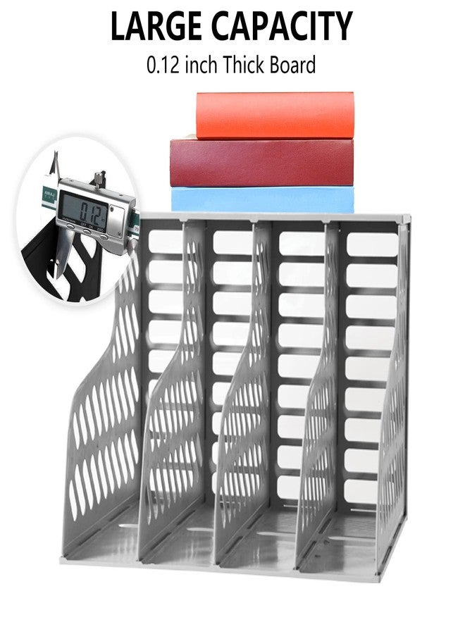 SAYEEC Magazine File Holder, Plastic Desktop File Folder Organizer with 4 Large Compartments, Vertical Desk Binder Organizer Office Organization and Storage File Holder for Desk, School, Home (Grey) - Image 3