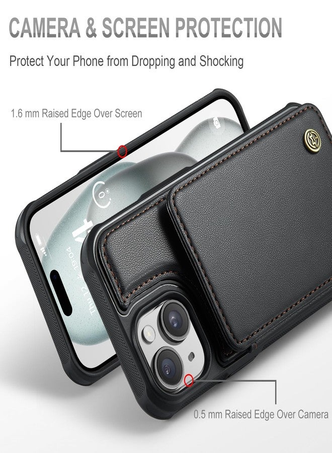 Vinich iPhone 15 Wallet Case with Card Holder, iPhone 15 Case with RFID Blocking for Women Men, Durable Leather Kickstand Shockproof Phone Case for iPhone 15, Black - Image 3