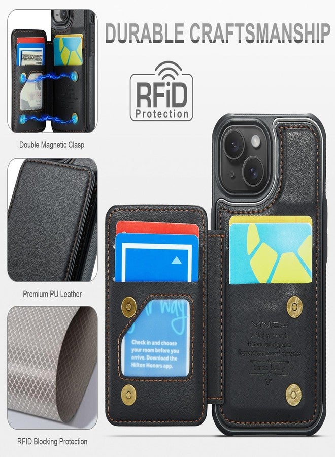 Vinich iPhone 15 Wallet Case with Card Holder, iPhone 15 Case with RFID Blocking for Women Men, Durable Leather Kickstand Shockproof Phone Case for iPhone 15, Black - Image 5