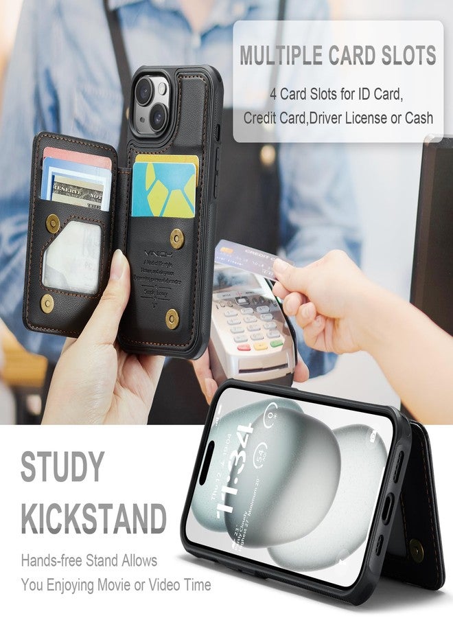 Vinich iPhone 15 Wallet Case with Card Holder, iPhone 15 Case with RFID Blocking for Women Men, Durable Leather Kickstand Shockproof Phone Case for iPhone 15, Black - Image 4