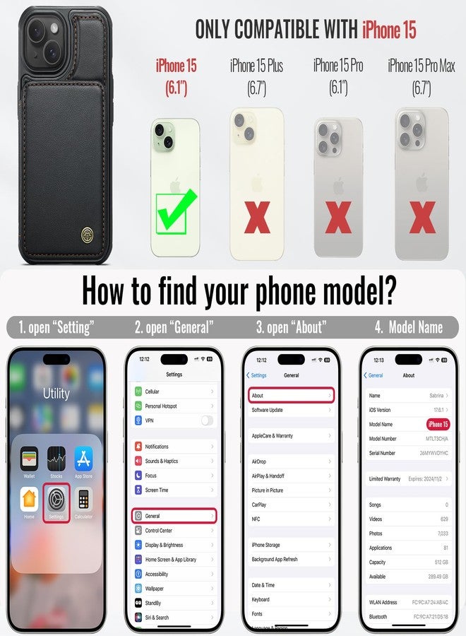 Vinich iPhone 15 Wallet Case with Card Holder, iPhone 15 Case with RFID Blocking for Women Men, Durable Leather Kickstand Shockproof Phone Case for iPhone 15, Black - Image 2