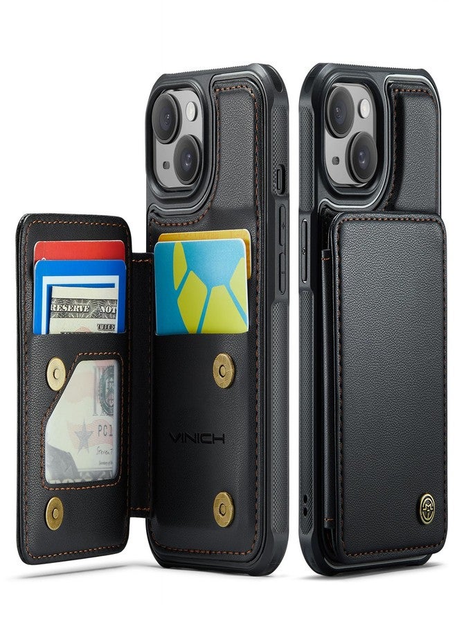 Vinich iPhone 15 Wallet Case with Card Holder, iPhone 15 Case with RFID Blocking for Women Men, Durable Leather Kickstand Shockproof Phone Case for iPhone 15, Black - Image 1