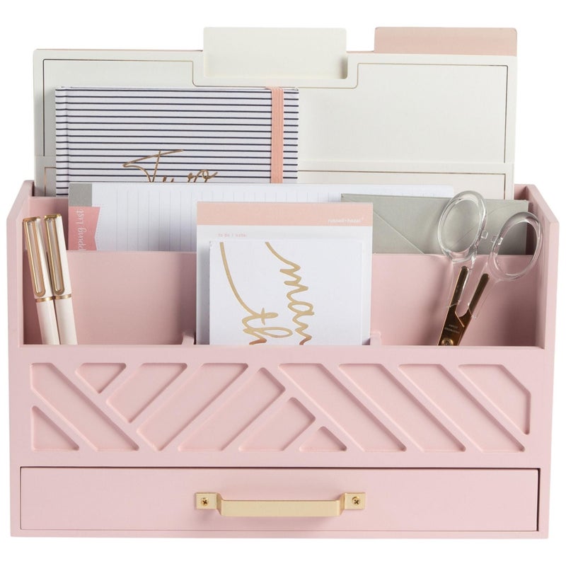 BLU MONACO | Pink Desk Organizers Wooden Mail Organizer with Drawer | Mail Sorter Organizer Countertop Gold Handle | Desk Organizers and Accessories Pink Office Storage - Image 1