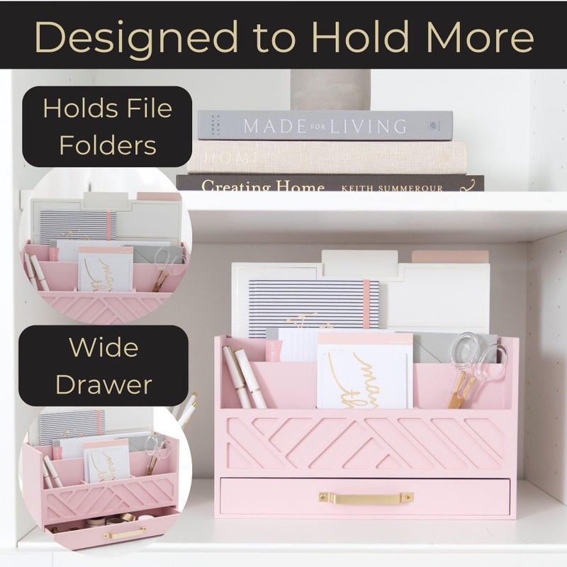 BLU MONACO | Pink Desk Organizers Wooden Mail Organizer with Drawer | Mail Sorter Organizer Countertop Gold Handle | Desk Organizers and Accessories Pink Office Storage - Image 4