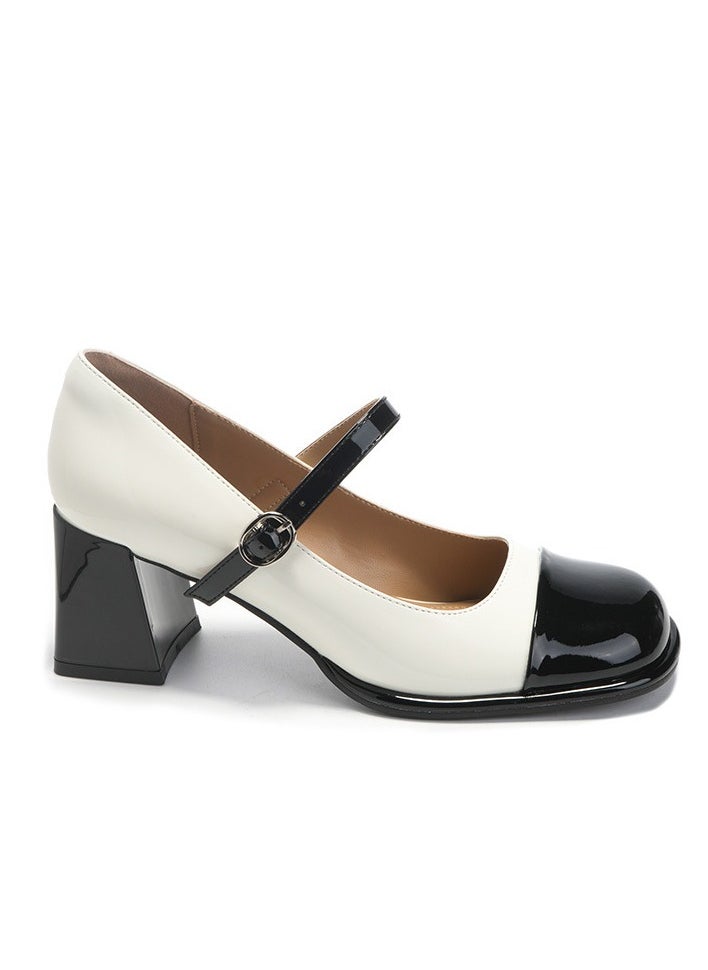 Generic Vintage Mary Jane Pumps Black White Round Toe Chunky Heel White  - Image 2