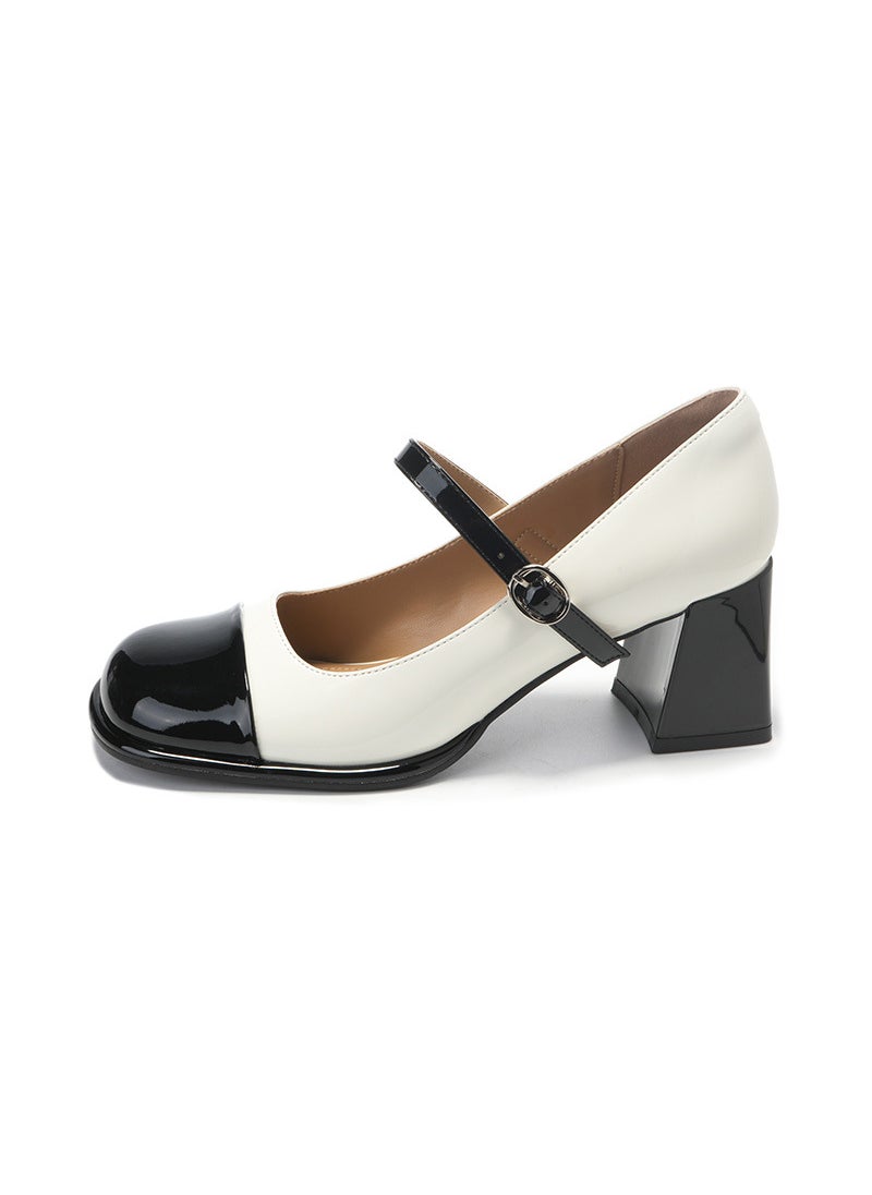 Generic Vintage Mary Jane Pumps Black White Round Toe Chunky Heel White  - Image 1