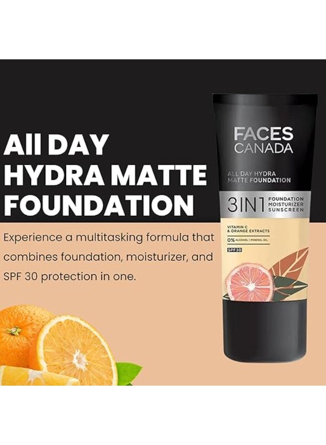 FACESCANADA All Day Hydra Matte Liquid Foundation|3-in-1 Foundation + Moisturizer + SPF 30|24 HR Aloe Hydration&Vitamin C|10HR Long Wear|Medium to High Buildable Coverage|Absolute Ivory 012|30ml - Image 3
