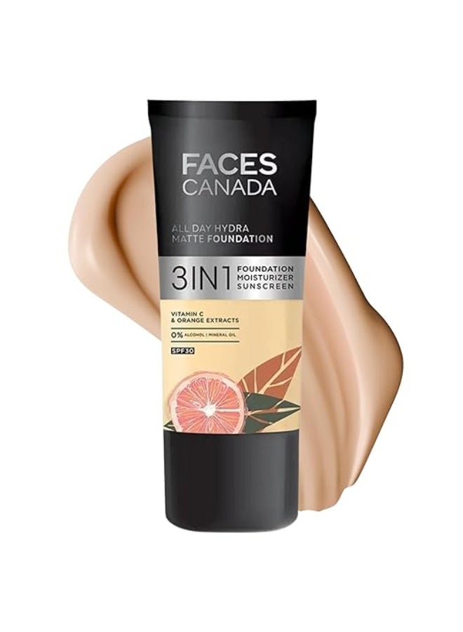 FACESCANADA All Day Hydra Matte Liquid Foundation|3-in-1 Foundation + Moisturizer + SPF 30|24 HR Aloe Hydration&Vitamin C|10HR Long Wear|Medium to High Buildable Coverage|Absolute Ivory 012|30ml - Image 1