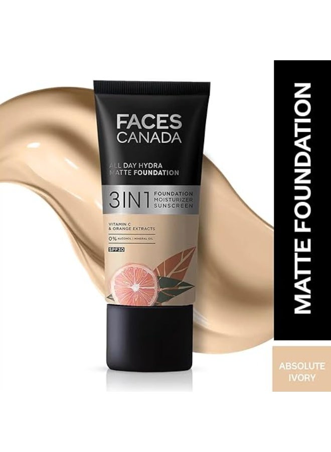 FACESCANADA All Day Hydra Matte Liquid Foundation|3-in-1 Foundation + Moisturizer + SPF 30|24 HR Aloe Hydration&Vitamin C|10HR Long Wear|Medium to High Buildable Coverage|Absolute Ivory 012|30ml - Image 4