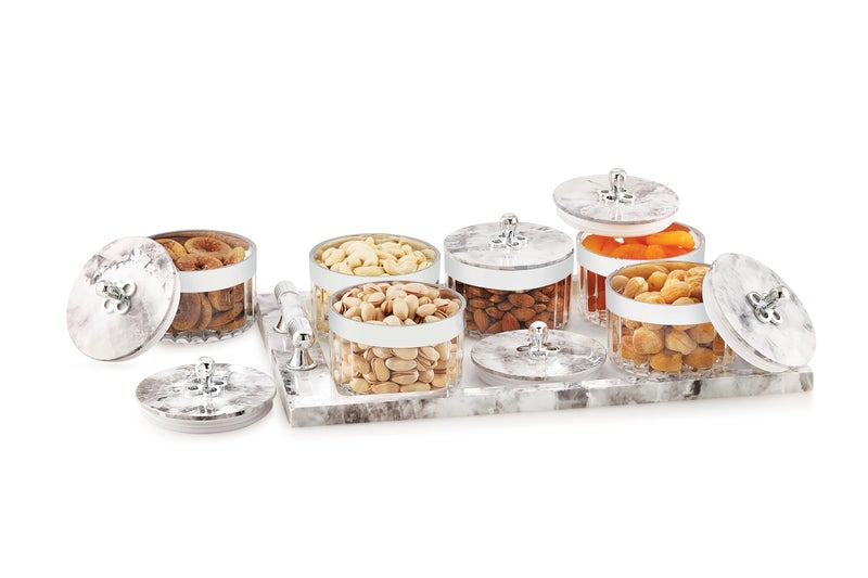 Nabhya Acrylic Unbreakable Multipurpose Airtight Dry Fruit Container Set With Lid & Serving Tray | Plastic Transparent Storage Box (White, Pack of 6) - Image 1