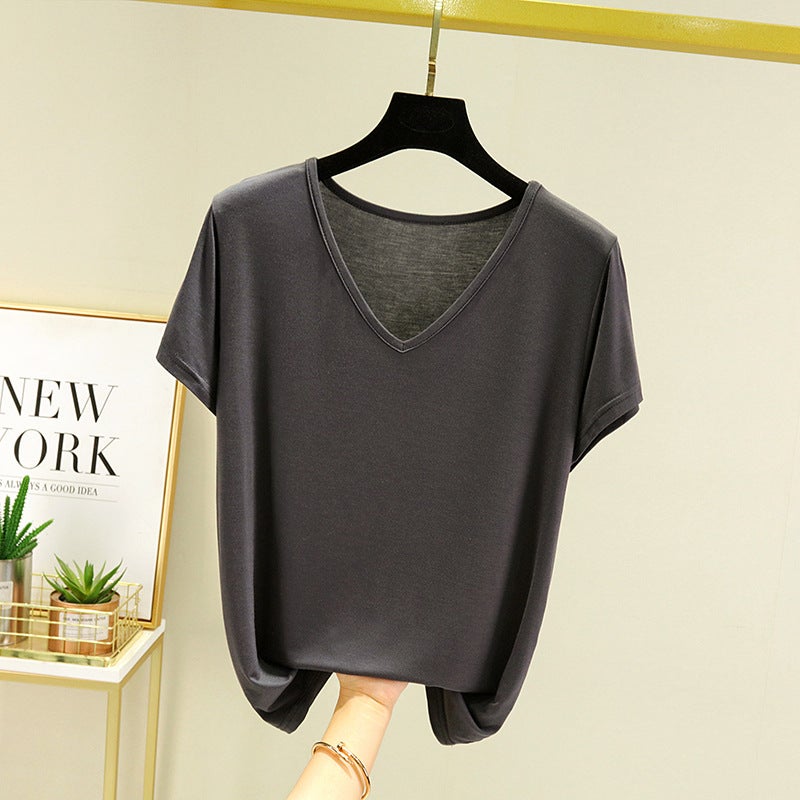 Modal Short-Sleeved T-Shirt Women'S Summer Plus Size Loose V-Neck Base Shirt Outer Wear Thin Inner Casual All-Match Top - Image 1