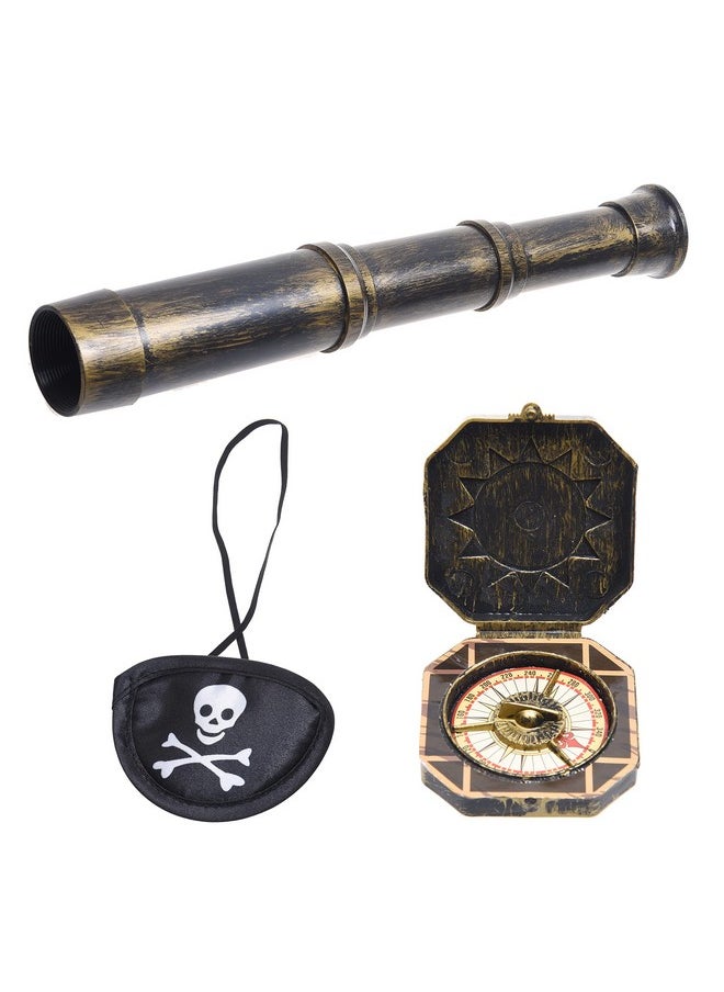 ECO-FUSED Cosplay Telescope And Compass Prop With Pirate Themed Eye Patch Antique Retro Party Supply Accessory Decor Vintage Treasure Spyglass Sundial Ship Captain Eye Patch For Themed Events Stage Plays  - Image 1