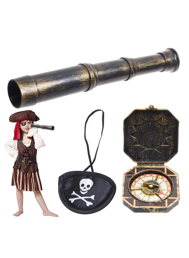 ECO-FUSED Cosplay Telescope And Compass Prop With Pirate Themed Eye Patch Antique Retro Party Supply Accessory Decor Vintage Treasure Spyglass Sundial Ship Captain Eye Patch For Themed Events Stage Plays  - Image 2
