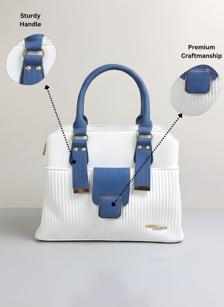 بريميم حقيبة يد نسائية بيضاء وزرقاء بتصميم أنيق - حقيبة يد فاخرة مصنوعة بحرفية عالية مع مقبض علوي متين - Image 2