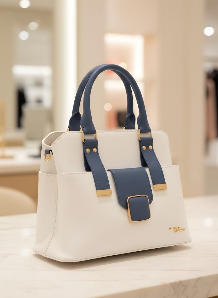 بريميم حقيبة يد نسائية بيضاء وزرقاء بتصميم أنيق - حقيبة يد فاخرة مصنوعة بحرفية عالية مع مقبض علوي متين - Image 1