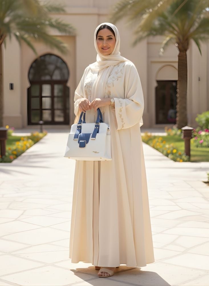 بريميم حقيبة يد نسائية بيضاء وزرقاء بتصميم أنيق - حقيبة يد فاخرة مصنوعة بحرفية عالية مع مقبض علوي متين - Image 3