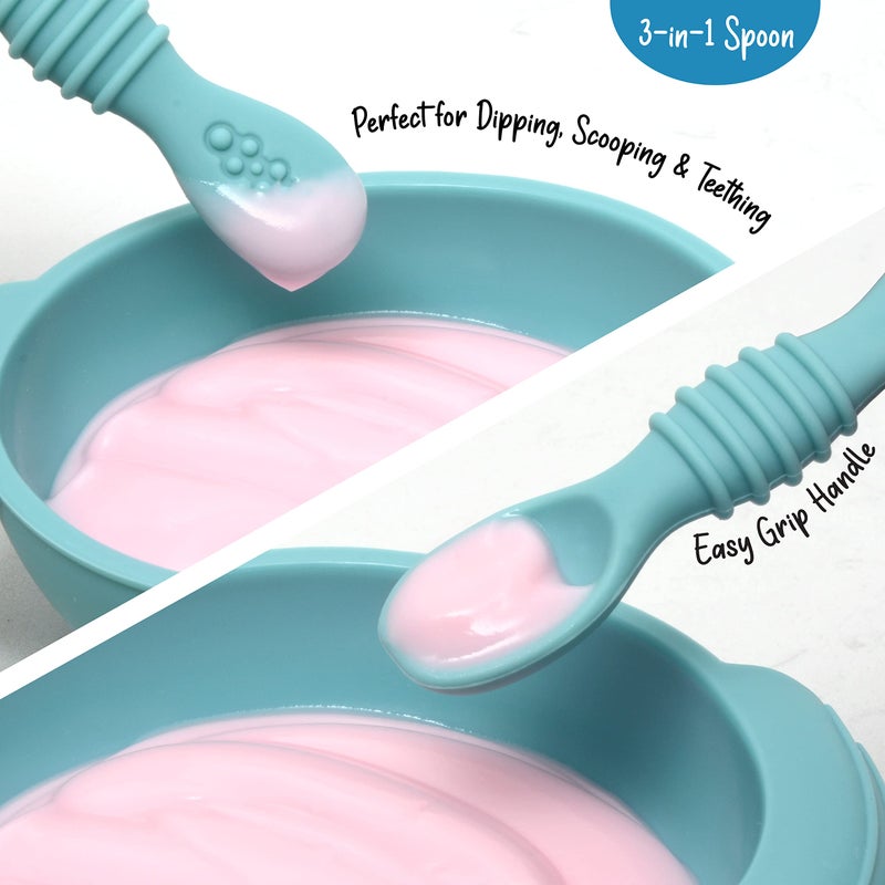 PrimaStella Unbreakable Silicone Non-Slip Bowl and Chew Spoon Set for Babies and Toddlers (Blue) - Image 2