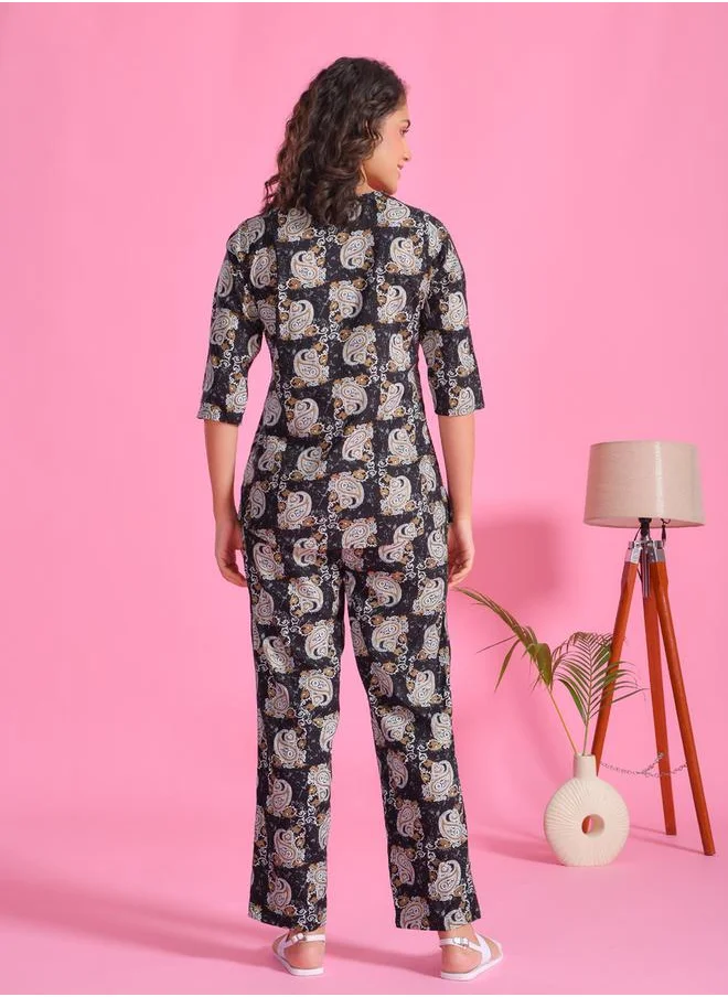 sanskrutihomes Printed Notch Neck Top and Pyjama Set by Styli