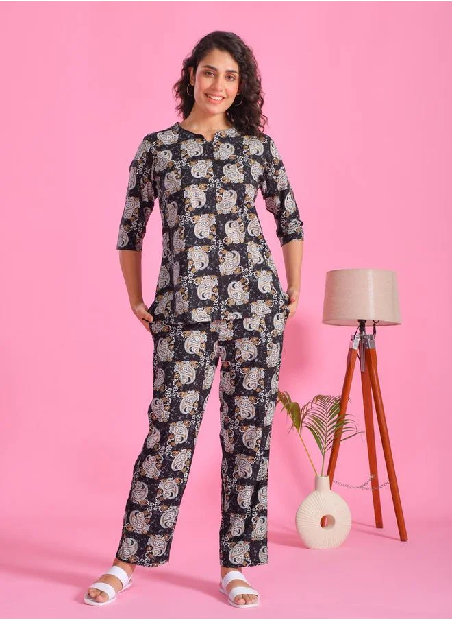 sanskrutihomes Printed Notch Neck Top and Pyjama Set by Styli