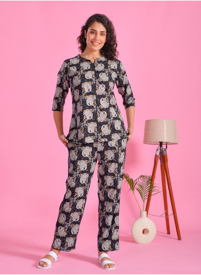 sanskrutihomes Printed Notch Neck Top and Pyjama Set by Styli  - Image 1