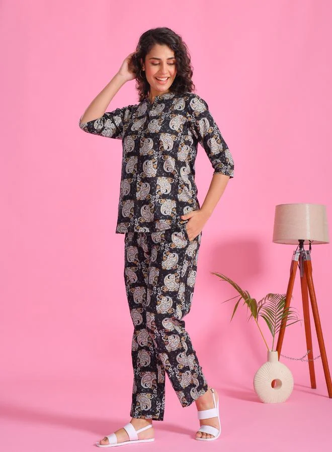 Sanskrutihomes  sanskrutihomes Printed Notch Neck Top and Pyjama Set for Women | Best Price UAE