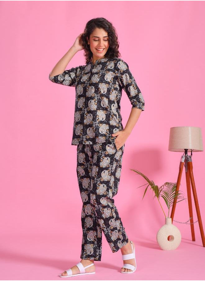 sanskrutihomes Printed Notch Neck Top and Pyjama Set by Styli  - Image 4