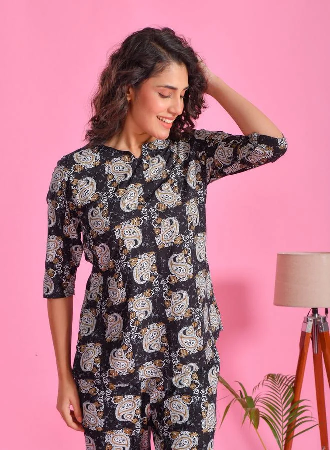 Sanskrutihomes  sanskrutihomes Printed Notch Neck Top and Pyjama Set for Women | Best Price UAE