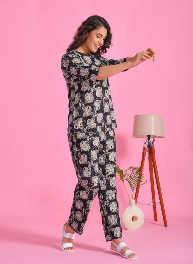 Sanskrutihomes  sanskrutihomes Printed Notch Neck Top and Pyjama Set for Women | Best Price UAE