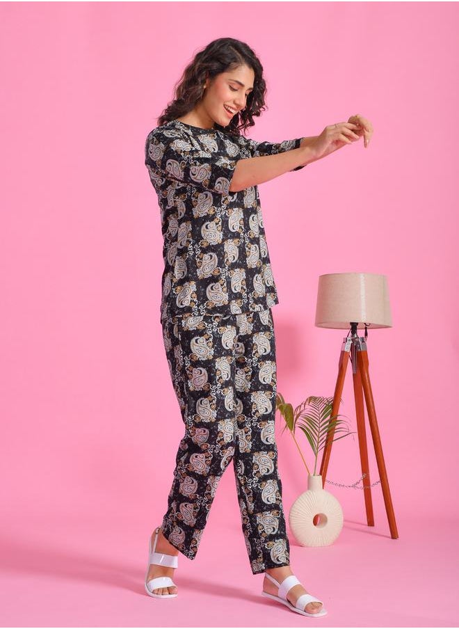 sanskrutihomes Printed Notch Neck Top and Pyjama Set by Styli  - Image 3