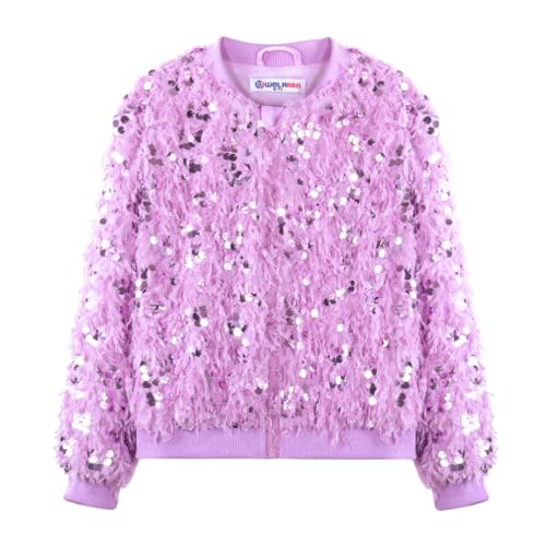 WELAKEN Girls Faux Feather Sequin Jacket Shiny Long Sleeve Zip Up Coat with Pockets - Image 5