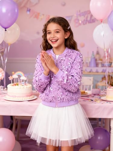WELAKEN Girls Faux Feather Sequin Jacket Shiny Long Sleeve Zip Up Coat with Pockets - Image 4