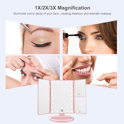 WEILY Makeup Mirror with 21 LED Lights,Two Power Supply Modes, Adjustable Touch Screen and 1x/2x/3x Magnification Tri-Fold Vanity Mirror, Chargeable Travel Cosmetic Mirror for Desktop (Pink) - Image 4