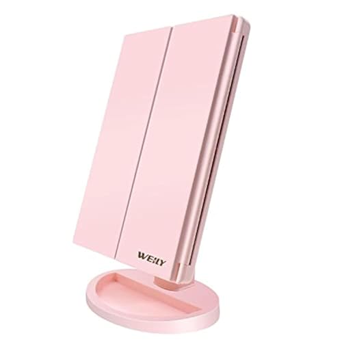 WEILY Makeup Mirror with 21 LED Lights,Two Power Supply Modes, Adjustable Touch Screen and 1x/2x/3x Magnification Tri-Fold Vanity Mirror, Chargeable Travel Cosmetic Mirror for Desktop (Pink) - Image 1