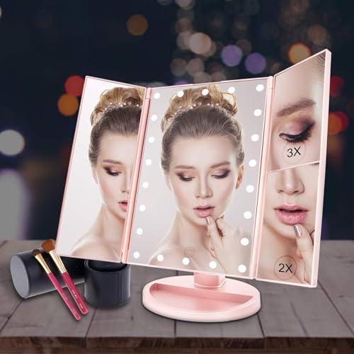 WEILY Makeup Mirror with 21 LED Lights,Two Power Supply Modes, Adjustable Touch Screen and 1x/2x/3x Magnification Tri-Fold Vanity Mirror, Chargeable Travel Cosmetic Mirror for Desktop (Pink) - Image 5