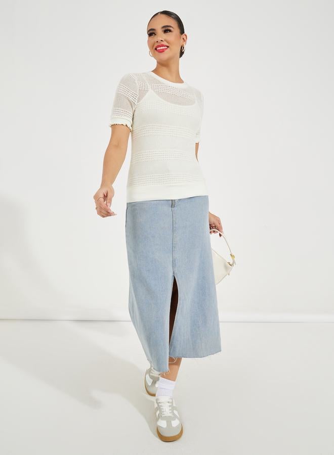 Styli Knit Pointelle Top with Short Sleeves & Ruffle Detail - Image 2