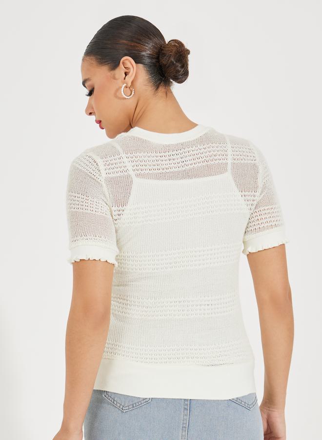 Styli Knit Pointelle Top with Short Sleeves & Ruffle Detail - Image 4