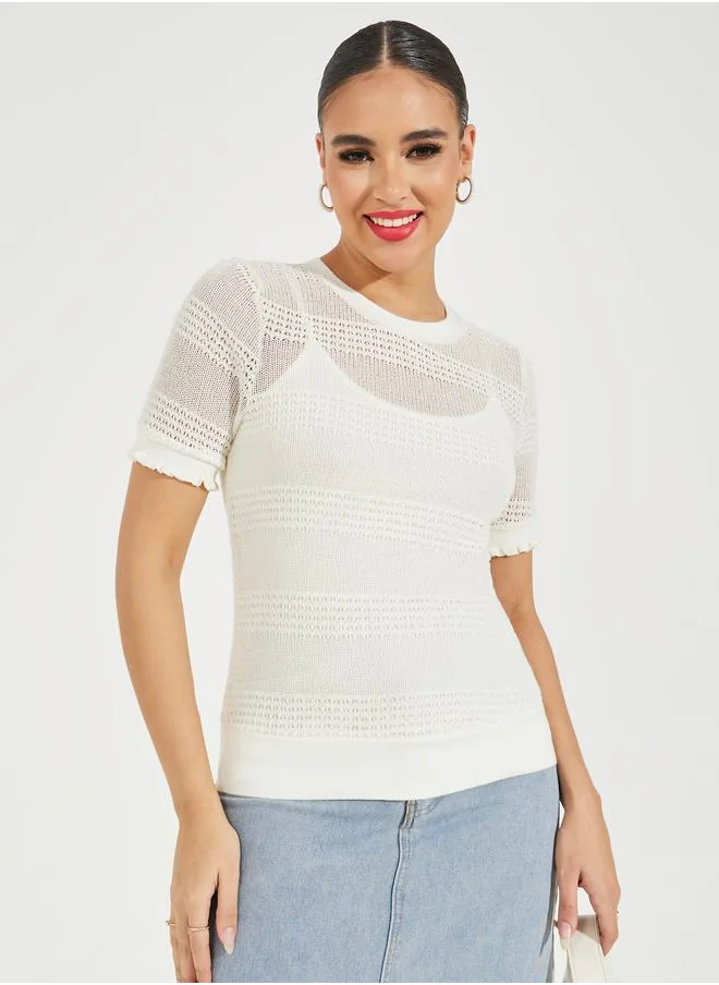 Styli Knit Pointelle Top with Short Sleeves & Ruffle Detail