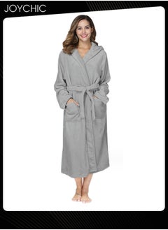 Joychic Solid Pattern Women Loose Hooded Nightgown Autumn and Winter Flannel Skin-friendly Warm Long-sleeved Extra Long Pajamas Sleep Robe with Adjustable Belt Grey  - Image 1