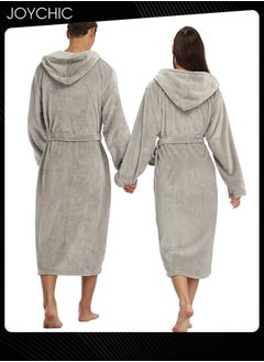 Joychic Solid Pattern Women Loose Hooded Nightgown Autumn and Winter Flannel Skin-friendly Warm Long-sleeved Extra Long Pajamas Sleep Robe with Adjustable Belt Grey  - Image 2