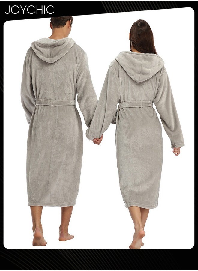 Joychic Solid Pattern Women Loose Hooded Nightgown Autumn and Winter Flannel Skin-friendly Warm Long-sleeved Extra Long Pajamas Sleep Robe with Adjustable Belt Grey  - Image 2