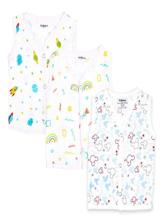 Kidbea 100% Cotton Muslin Jhabla | Summer Wear | Cloth for Baby Boys Space| Rainbows | Mickey Print | Pack of 3 (New Born to 3 Months) - Image 1