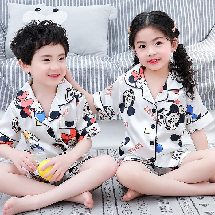 Cute Cartoon Kids Silk Pajama Set White Mickey 