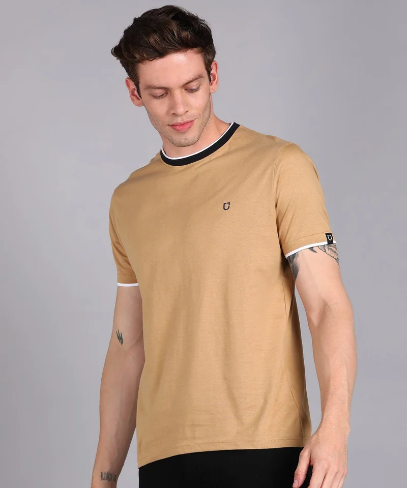 Urbano Fashion  Urbano Fashion Men's Solid Khaki Round Neck Half Sleeve Slim Fit Cotton T-Shirt  | Best Price UAE