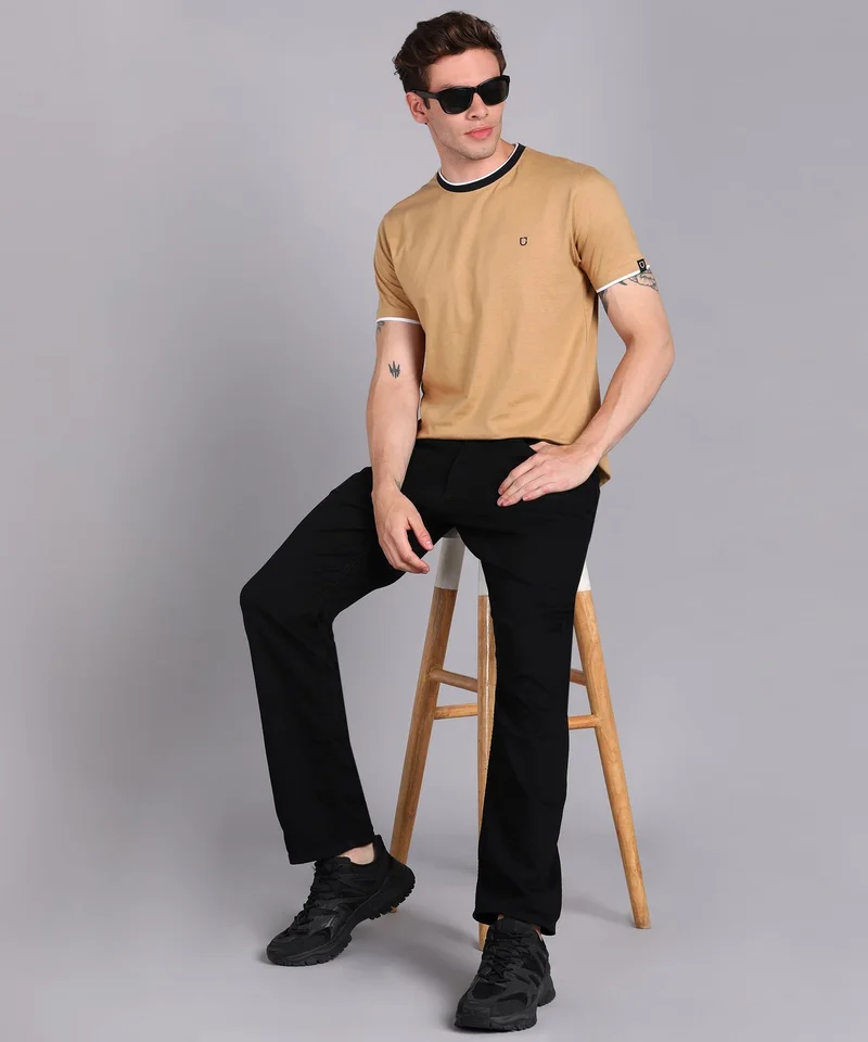 Urbano Fashion  Urbano Fashion Men's Solid Khaki Round Neck Half Sleeve Slim Fit Cotton T-Shirt  | Best Price UAE