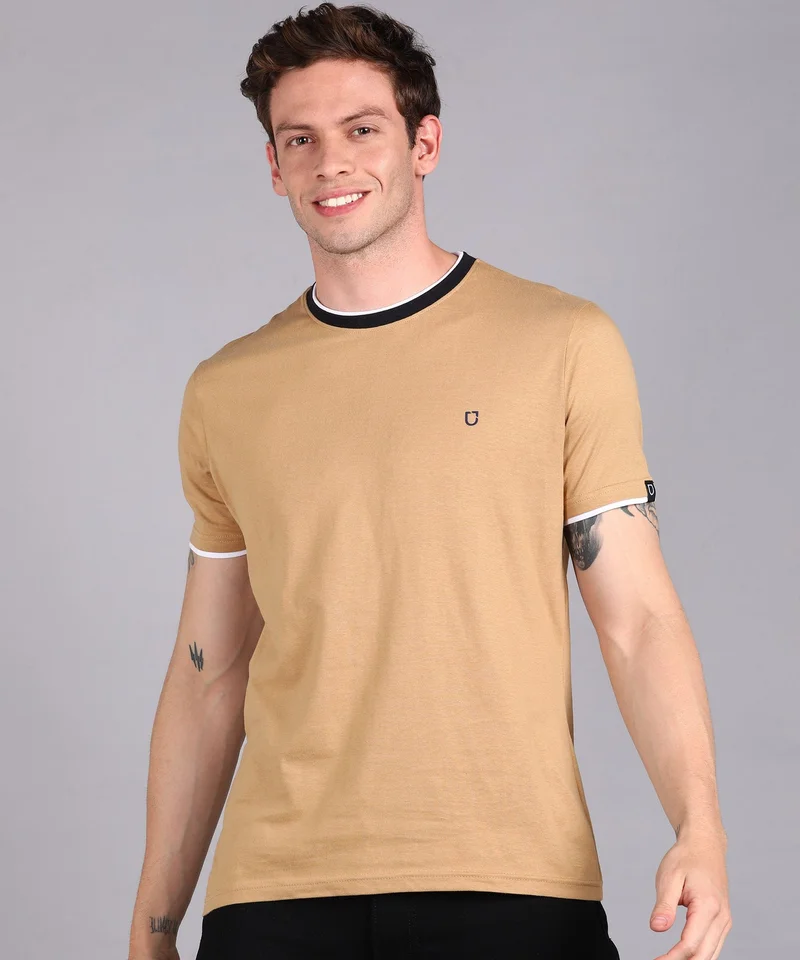 Urbano Fashion Men's Solid Khaki Round Neck Half Sleeve Slim Fit Cotton T-Shirt
