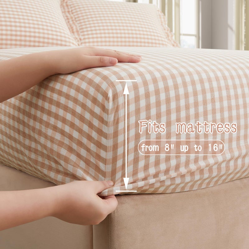 KKJIAF 4 Pieces Plaid Ruffle Queen Bed Sheets, Cotton Gingham Queen Bed Sheet Set Linen Feel Comfy Breathable Ruffed Plaid Bed Sheets with 16 Inch Deep Pocket, Light Pink - Image 5